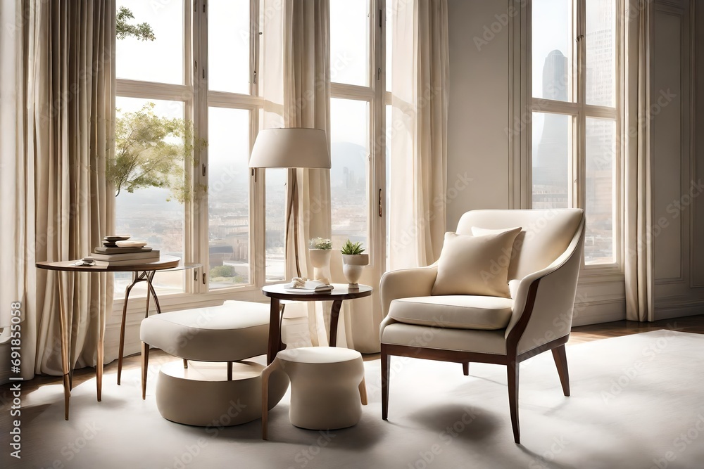 An artfully arranged cream-colored armchair paired with a sleek side table, positioned beside a window overlooking a picturesque view, inviting quiet moments of reflection.