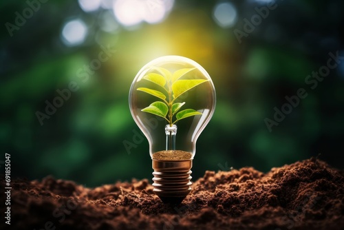 lightbulb tree with sunlight on soil. concept save world and energy power, Generative AI