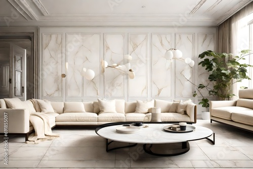 A minimalist living room with cream-colored sofas  white marble coffee table  and elegant accents exuding sophistication.