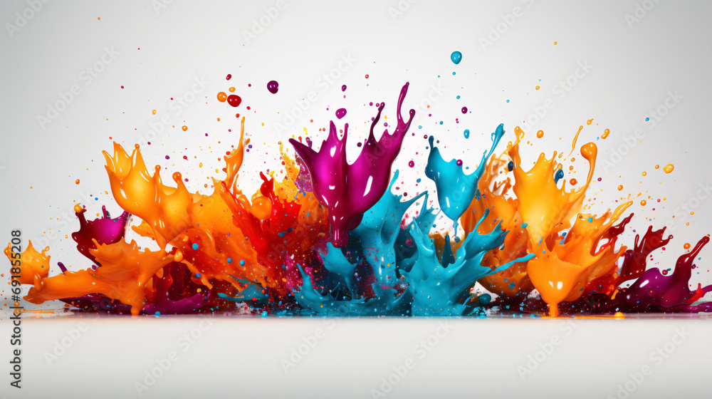 Colorful ink splashes. Paint splatters on white background. Multi color dots. Watercolor on white paper.abstract background with splashes - Ai - obrazy, fototapety, plakaty 