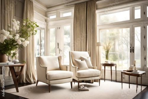 A meticulously styled cream-colored armchair placed beside a floor-to-ceiling window  allowing natural light to accentuate its graceful design in a serene living room setting.
