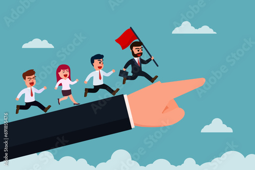 Business leader holding a flag, winner running, business leader or team on large hand pointing. Leadership to lead team members. Business direction to achieve goals. Teamwork leads to success in work.