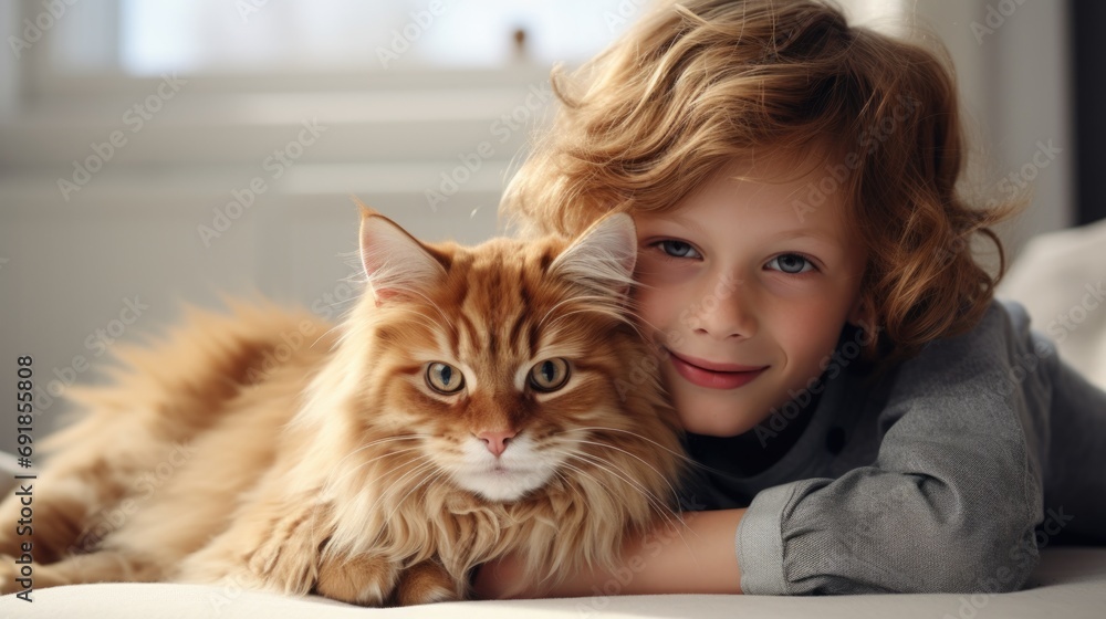 portrait of big ginger cat with boy at home in white living room portrait of big ginger cat with boy at home in white living room