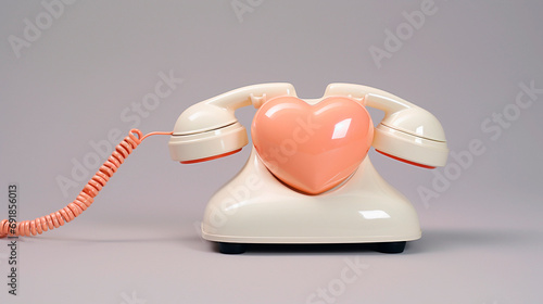 Vintage telephone with heart shape on grey background.