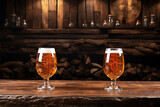 Two glasses of fresh frothy beer on wooden background in bar