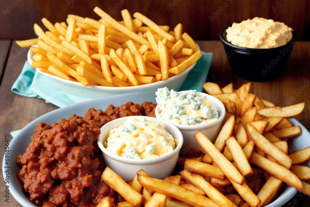 American cuisine. Cheese burger,American cheeseburger with Golden French fries on wooden background. Generative AI American cuisine. Cheese burger,American cheeseburger with Golden French fries on wooden background. Generative AI