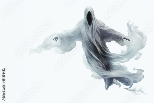 Grey faceless ghost with billowing sheets on white background photo