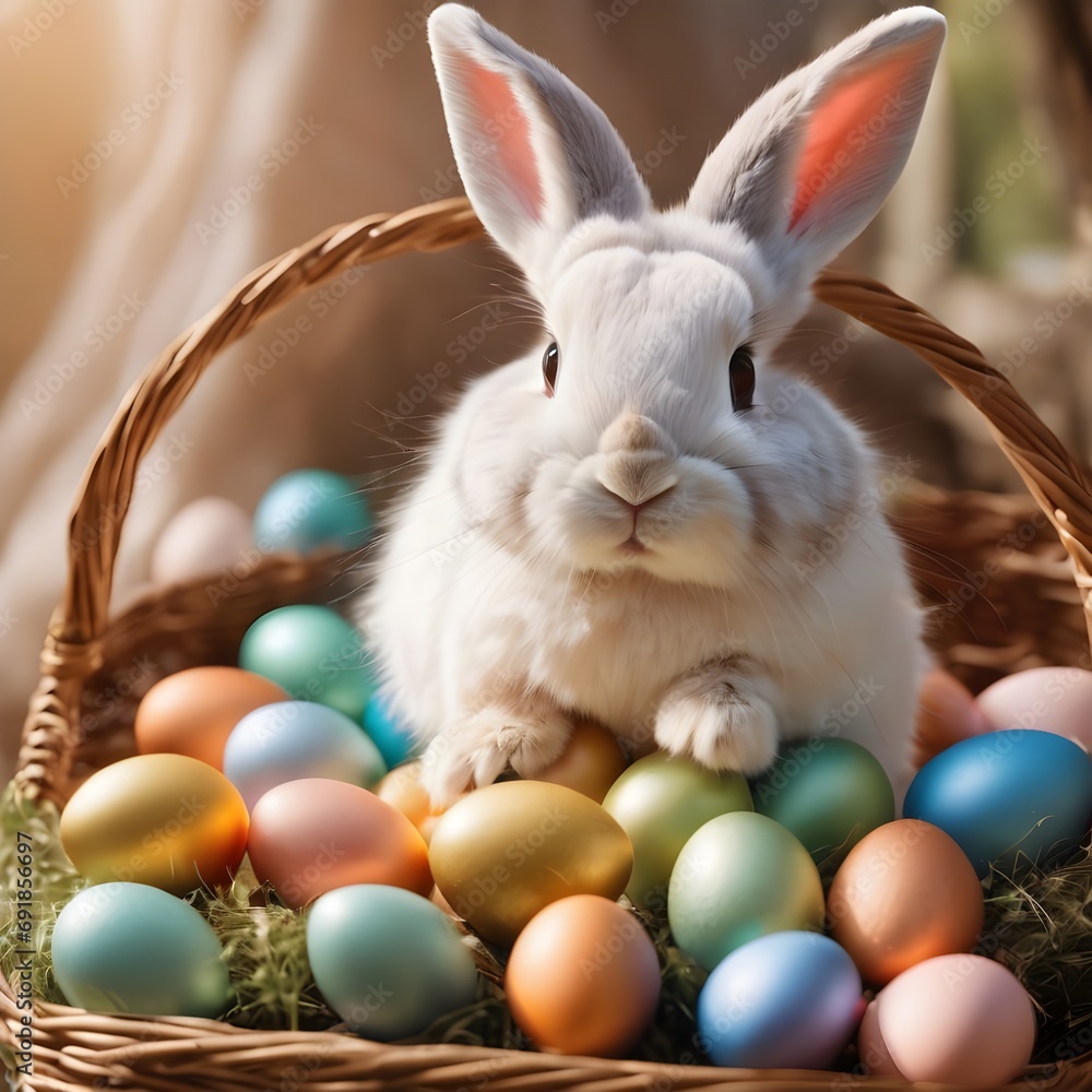 Obraz premium Cute old Easter Bunny with sunglasses looking out of a car filed with easter eggs