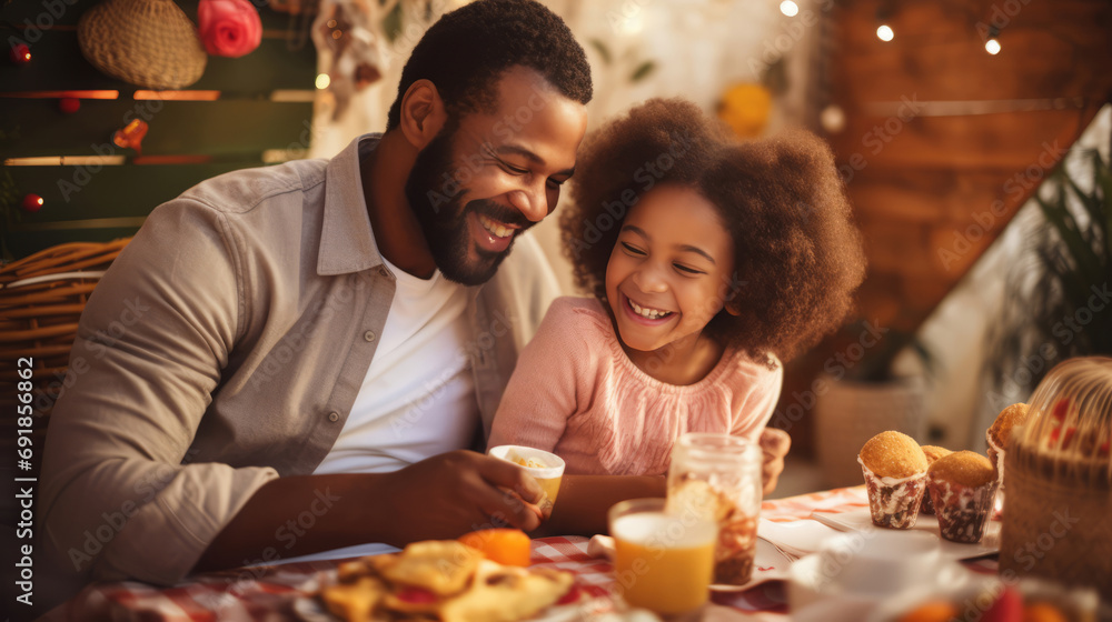Single black dad enjoying Valentine's Day picnic indoors with daughter