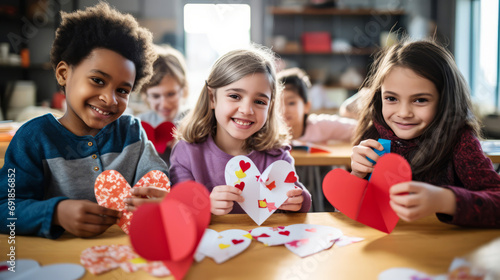 Diverse school kids making DIY Valentine's cards in class