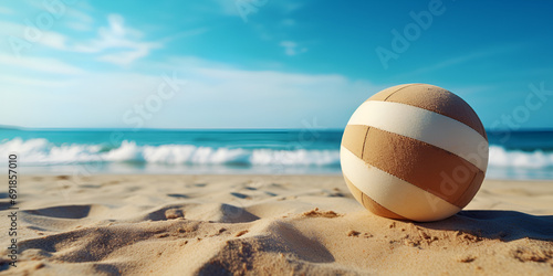 volleyball on the beach ,beach ball on the sunny beach with blue skies background, beach volleyballs near the net on sandy ground ,beach ball on the beach, summer is starting generative AI


