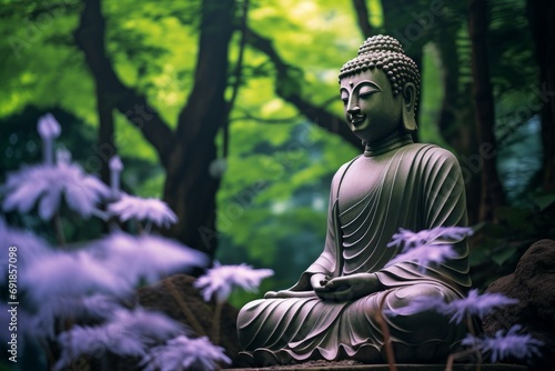A beautiful statue of Buddha meditating in a peaceful environment. Generative AI