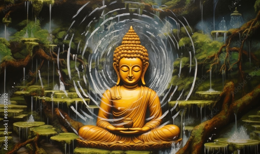 Picture of Gautam Buddha Falling water springs from above, Generative AI
