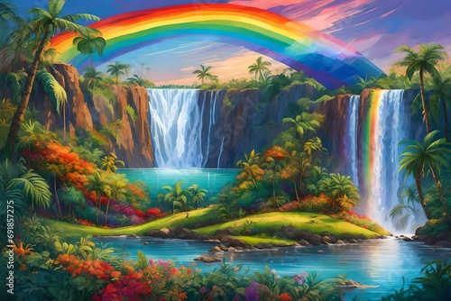 A vibrant rainbow arching over a majestic waterfall amidst a lush, tropical paradise. © LOVE ALLAH LOVE
