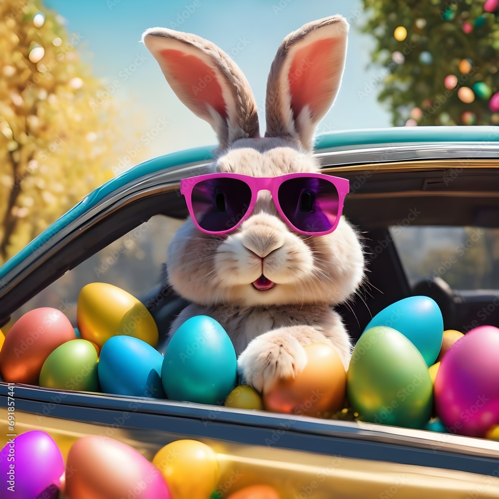 Cute old Easter Bunny with sunglasses looking out of a car filed with easter eggs