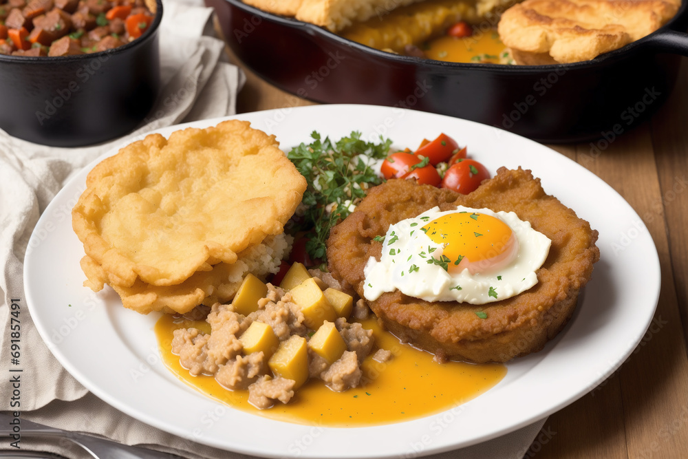 British cuisine. Porridge with lentils, baked potatoes and sour cream.fish and chips. Generative AI British cuisine. Porridge with lentils, baked potatoes and sour cream.fish and chips. Generative AI