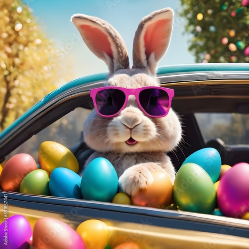 Cute old Easter Bunny with sunglasses looking out of a car filed with easter eggs