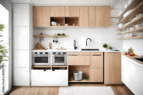 A kitchenette designed for a tiny house, compact yet functional with clever storage and space-saving solutions. photo