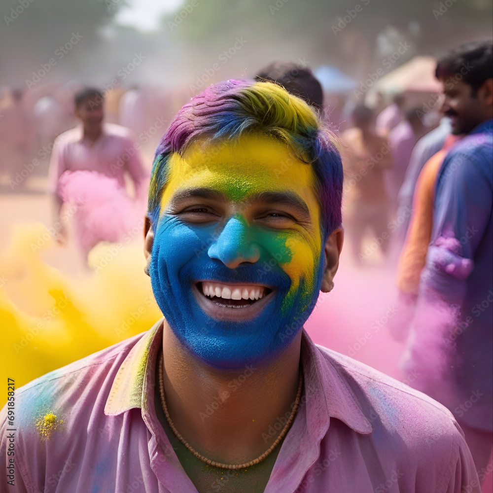 A happy man at the multicolored Holi festival in India A happy man at the multicolored Holi festival in India
