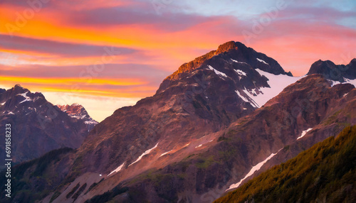 Kolorowe niebo w odcieniach pomarańczy i różu, zachodzące słońce odbijające się od szczytów gór © martinez80