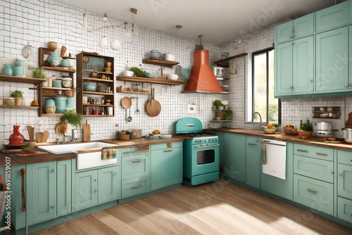 A retro-themed kitchen with vibrant appliances and a blank frame enhancing the nostalgic vibe.