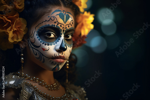 Portrait of a young girl with the traditional facepaint of the Mexican Day of the Dead, skull makeup