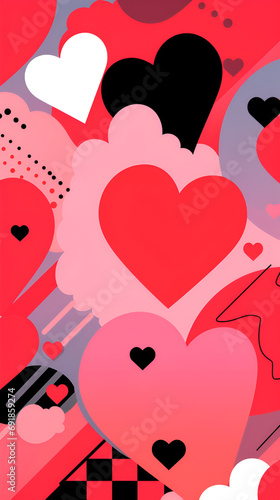 Valentine's Day background, in the form of graphic geometric bright elements, with copy space, in bright red color. On a pink background, bright and rich for design.