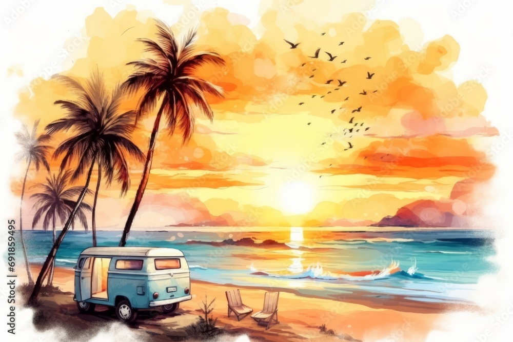 Watercolor painting camping on the sunset coast with car. Landscape with watercolor palm trees, Generative AI