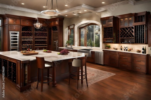 A kitchen designed for wine lovers, with a dedicated wine fridge, racks, and a tasting area with bar stools.