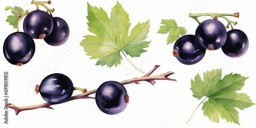 Black currant with leaves set hand drawn watercolor illustration isolated on white background. watercolor  illustration, Generative AI photo