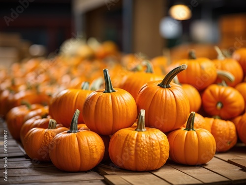 Pumpkins on display at a farmers market in California, USA.