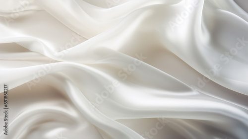 Closeup view of luxurious white silk fabric with elegant ripples, creating a sophisticated wedding background.