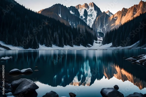 A majestic mountain range reflected perfectly in the calm, crystal-clear waters of a serene alpine lake at dawn. © LOVE ALLAH LOVE