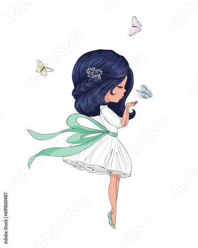 Pretty girl with butterflies, vector illustration, cute girl graphic for kids.