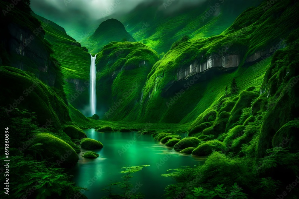 A serene cascade tumbling down emerald cliffs amidst lush, verdant peaks.