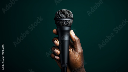 Close up hand of a man holding a microphone on isolated green background photo