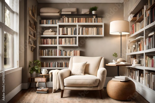 A cozy reading nook with a plush cream-colored armchair, a white side table, and shelves filled with books for a peaceful retreat.