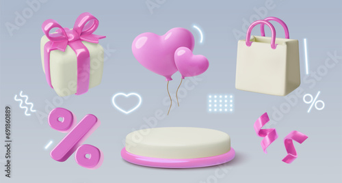 3D Sale pink design elements and neon glow decorative shapes collection. Vector three dimensional objects set - podium, shopping bag, percentage sign, gift box, heart balloons, confetti.