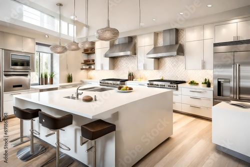 A contemporary kitchen featuring white cabinets, cream-colored backsplash tiles, and stainless steel appliances for a sleek look.