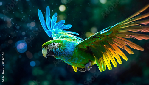 Colorful parrot flies in the jungle gradient neon colors. Blue and Yellow Macaw Ara Ararauna South American parrot gradient fluffy feathers cerulean golden yellow background Tropical