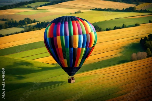 A vibrant, rainbow-hued  air balloon drifting gracefully over a patchwork of green fields and distant hills.