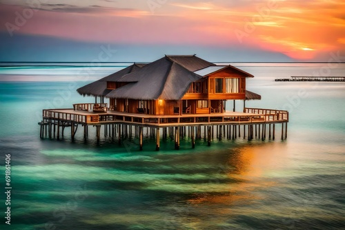Maldives. Villa on piles on water at the time sunset