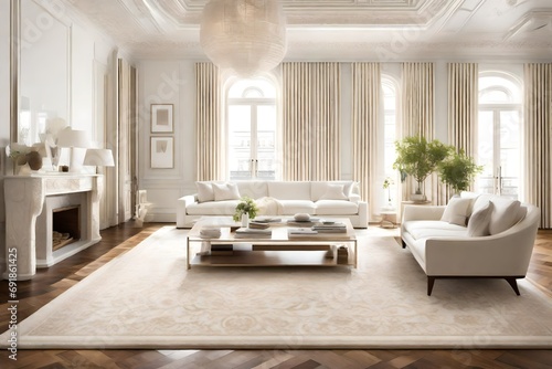 A beautifully arranged cream-colored rug adorning a polished wooden floor beneath a set of exquisite white furniture, emanating a sense of refined simplicity. © LOVE ALLAH LOVE