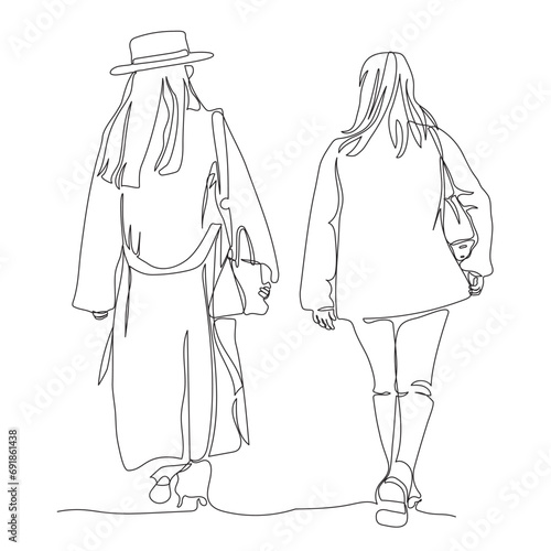 2 women walking away and talking. Wearing warm coat and jacket on cold autumn day. Rear view. Continuous line drawing. Black and white vector illustration in line art style.