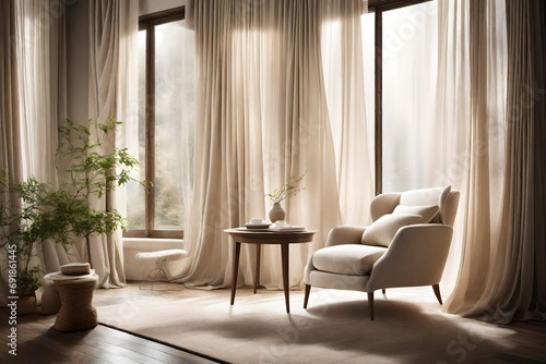 A cozy cream-colored armchair nestled beside a window draped with sheer curtains, inviting relaxation and contemplation in a tranquil living room setting. © LOVE ALLAH LOVE