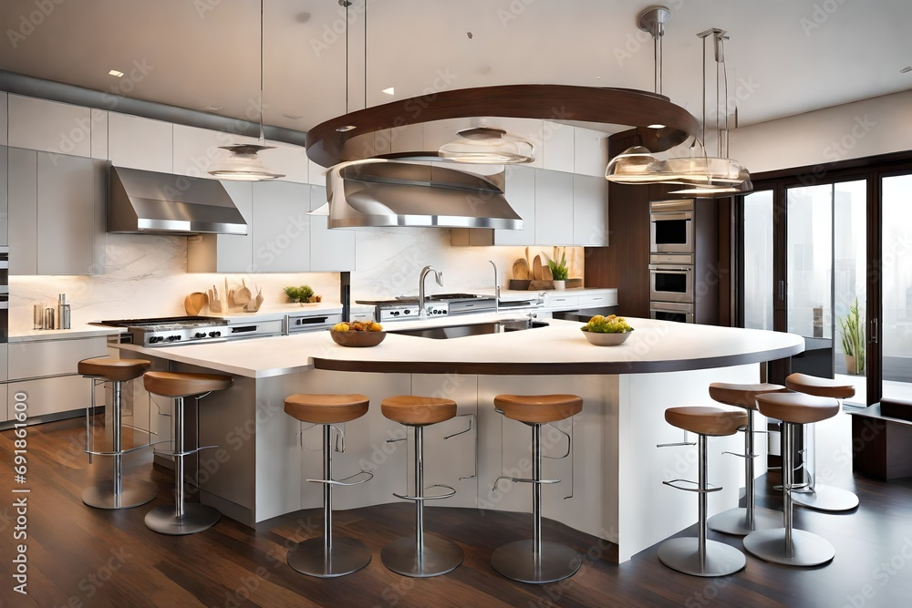 A modern kitchen island with a built-in gas stove and overhead pendant lights, surrounded by high stools.