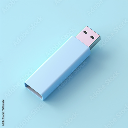 Minimal USB flash drive icon isolated on pastel blue background photo