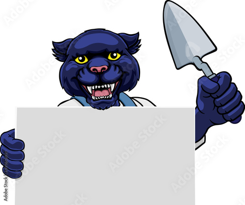 A bricklayer panther handyman cartoon construction mascot character holding a trowel tool