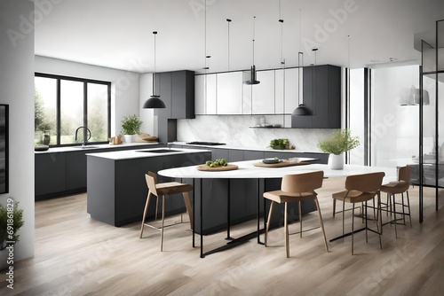 A contemporary kitchen with sleek appliances and a blank frame as a modern accent on the wall.