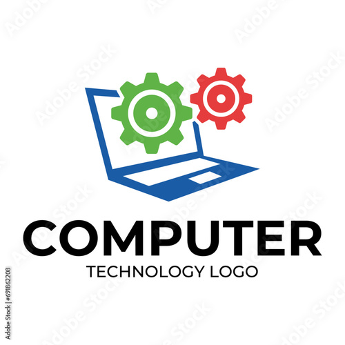 Computer logo design. Pc fix, repair, Computer maintenance service, software, Computer tech shop vector illustration isolated on white background